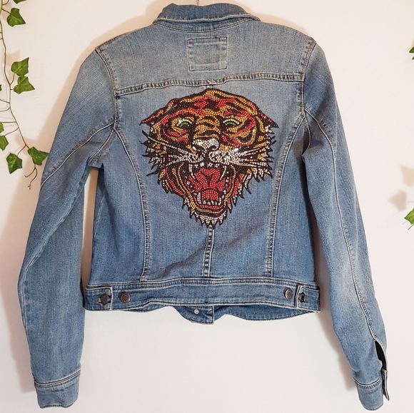 The Limited Jackets & Blazers - The Limited Blue Denim Jacket Rhinestone tiger🐯